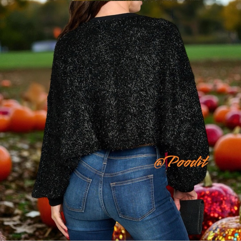 PEACH LOVE CALIFORNIA Black shimmer Sweater with sequin fall accents S M L - Picture 3 of 8